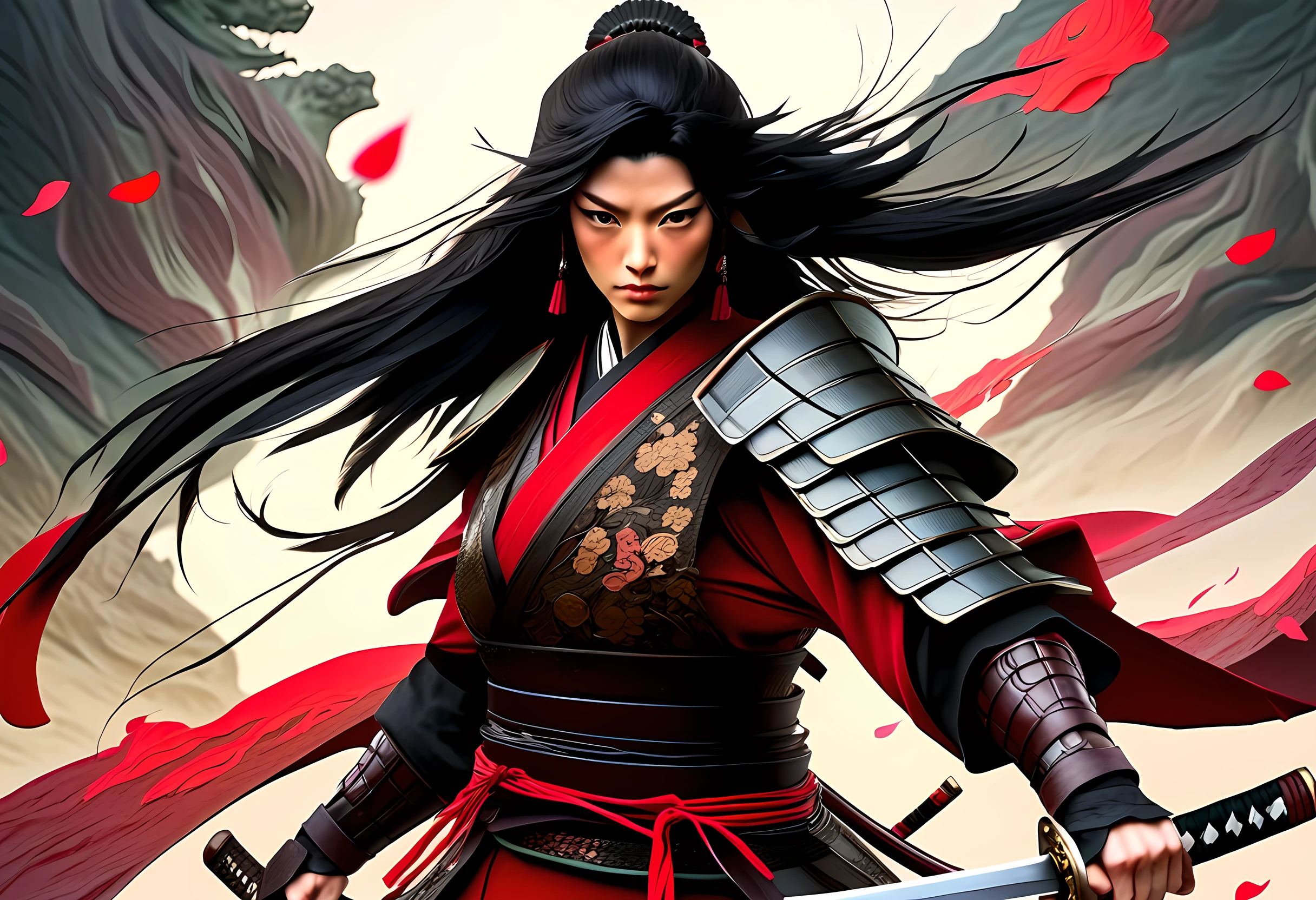 a picture of Japanese female samurai, she has long black hair, wearing samurai armor, armed with a katana, ready for battle, dynamic angle,, Japanese fantasy art, (Masterpiece: 1.5), 16k, highres, best quality, high details, ultra detailed, masterpiece, best quality, (extremely detailed), arafed, dnd art, , magical dagger