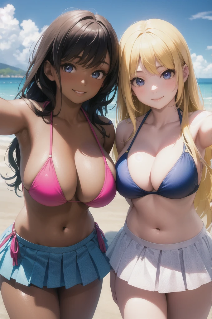 Realistic, 3 beautiful Japanese gals, Selfie, Face Enhancement, Face Zoom, Big smile, Long blonde hair, Wavy Hair, Dark Skin, Beach, bikini, Looking up from below