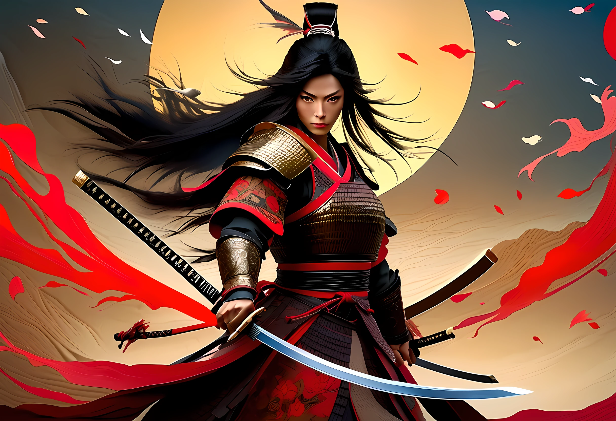 a picture of Japanese female samurai, she has long black hair, wearing samurai armor, armed with a katana, ready for battle, dynamic angle,, Japanese fantasy art, (Masterpiece: 1.5), 16k, highres, best quality, high details, ultra detailed, masterpiece, best quality, (extremely detailed), arafed, dnd art, , magical dagger