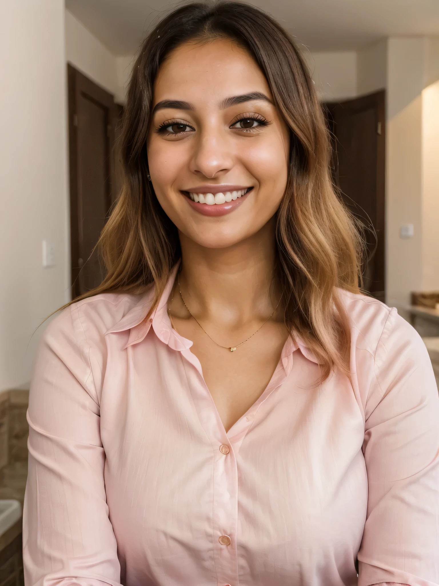 28YO, one women, cute smile, white teethes, Arab, from Jordan, long pink shirt, light brown eyes