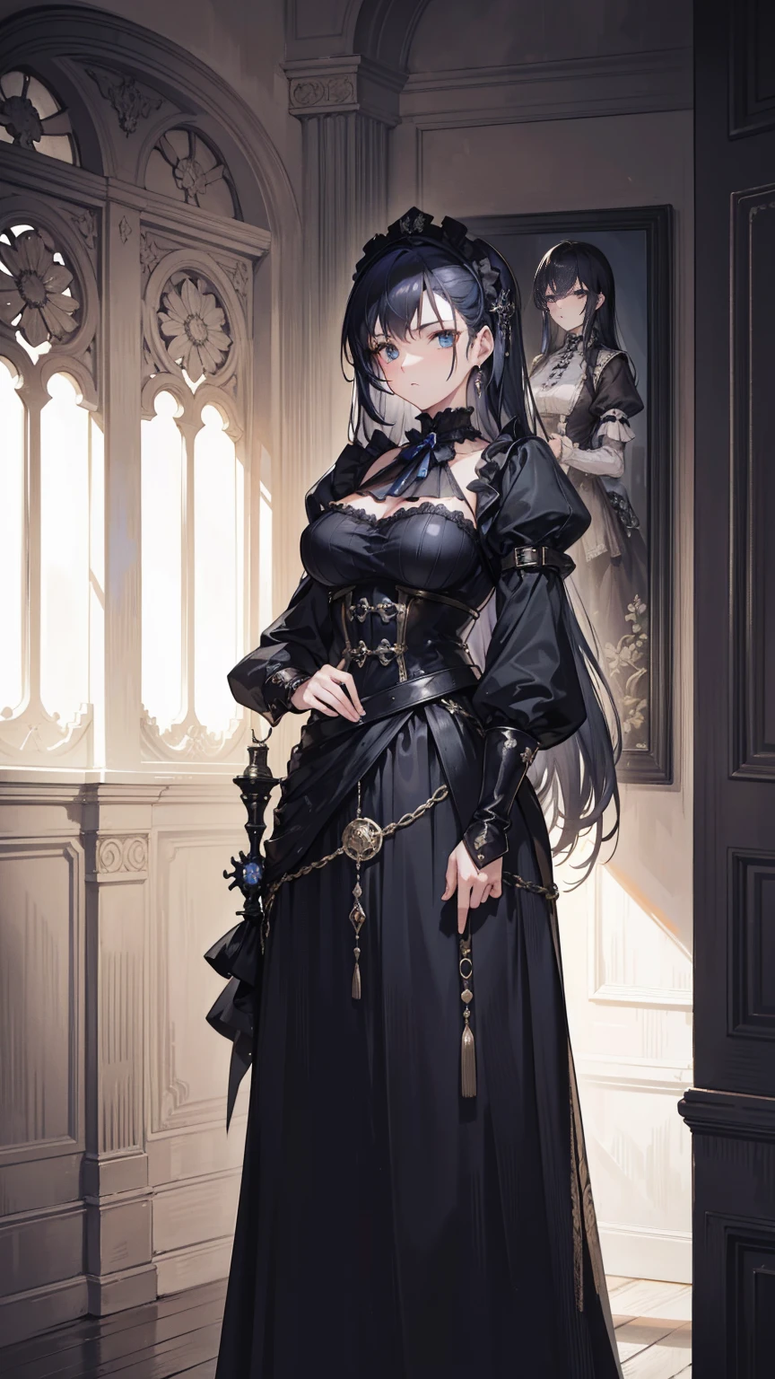 (a girl with) Aura-like gothic lighting, realistic Gothic-style artwork, detailed skeleton impaling itself with a sword in the neck, dark atmospheric background, high-res masterpiece:1.2, ultra-fine painting, professional, vivid colors