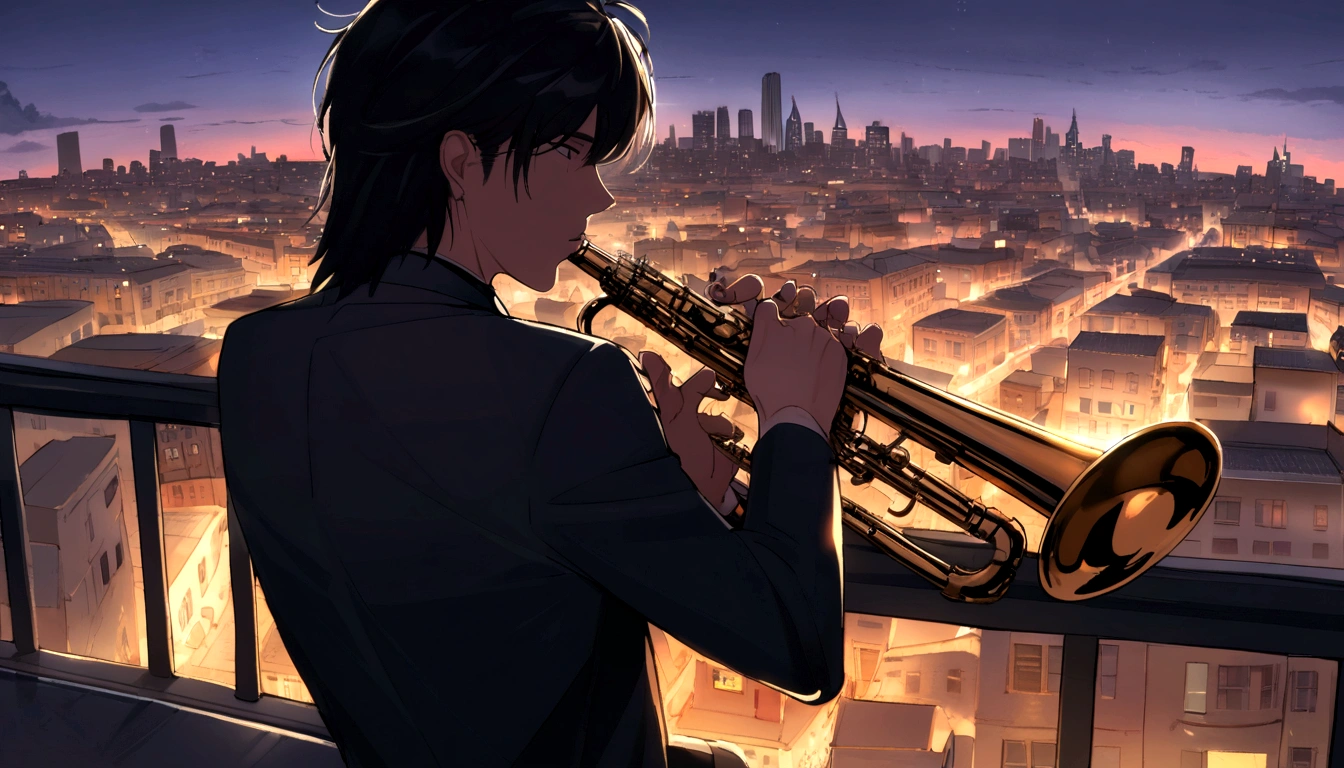 A photo of the character playing the saxophone on a rooftop overlooking a bustling city,original,he is rick astley, male