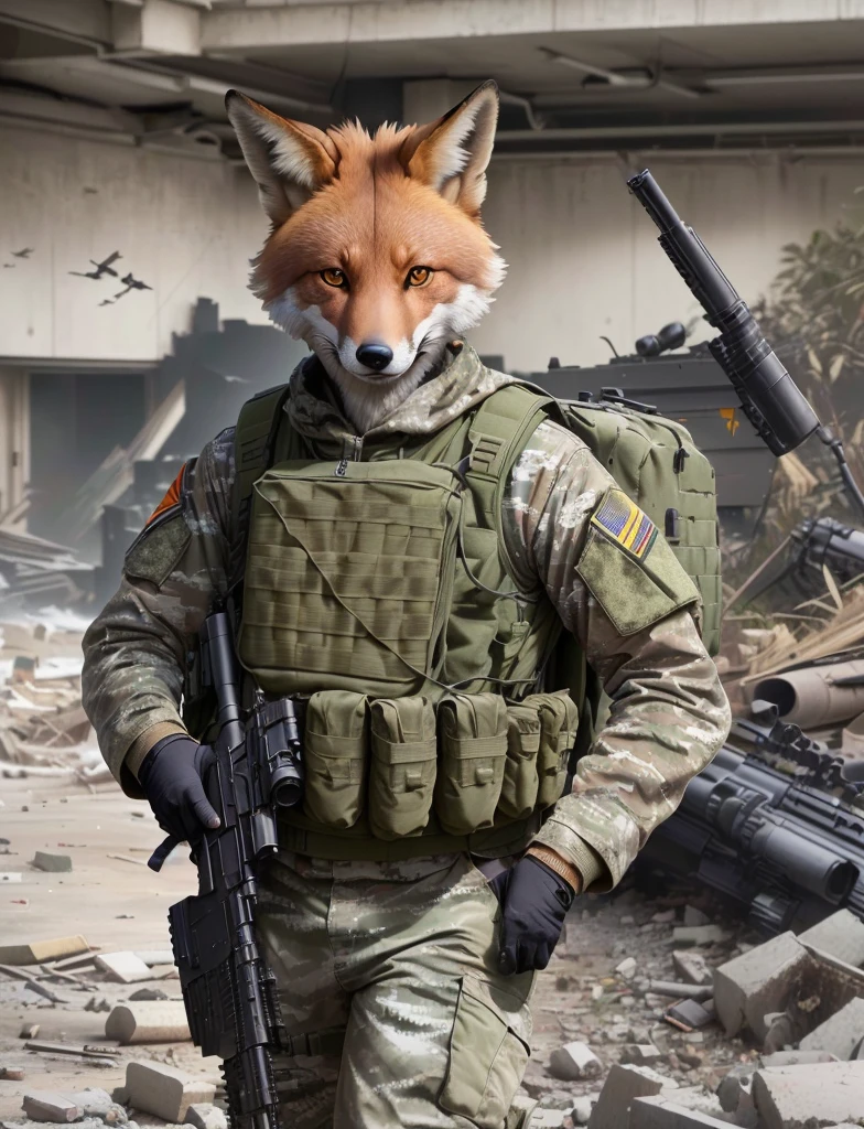 Araffe camouflaged with a gun and a rifle in a building, pronto para o combate, an anthropomorphic cyberpunk fox, fox tonic, anthropomorphic fox, em Tarkov, wojtek fus, furson, pele hiper realista, mawshot peludo, raposa digital, foto do perfil 1024px, furafinidade peluda, retrato em close