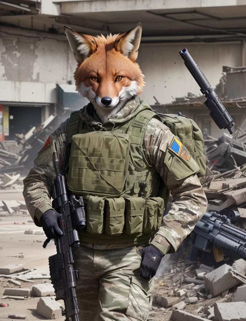 Araffe camouflaged with a gun and a rifle in a building, pronto para o combate, an anthropomorphic cyberpunk fox, fox tonic, anthropomorphic fox, em Tarkov, wojtek fus, furson, pele hiper realista, mawshot peludo, raposa digital, foto do perfil 1024px, furafinidade peluda, retrato em close
