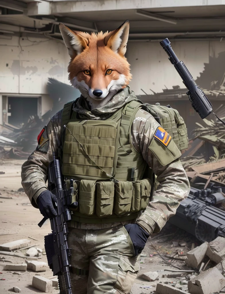 Araffe camouflaged with a gun and a rifle in a building, pronto para o combate, an anthropomorphic cyberpunk fox, fox tonic, anthropomorphic fox, em Tarkov, wojtek fus, furson, pele hiper realista, mawshot peludo, raposa digital, foto do perfil 1024px, furafinidade peluda, retrato em close