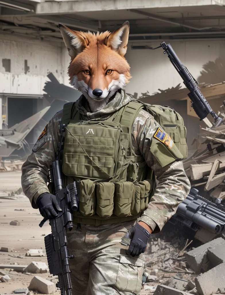 Araffe camouflaged with a gun and a rifle in a building, pronto para o combate, an anthropomorphic cyberpunk fox, fox tonic, anthropomorphic fox, em Tarkov, wojtek fus, furson, pele hiper realista, mawshot peludo, raposa digital, foto do perfil 1024px, furafinidade peluda, retrato em close