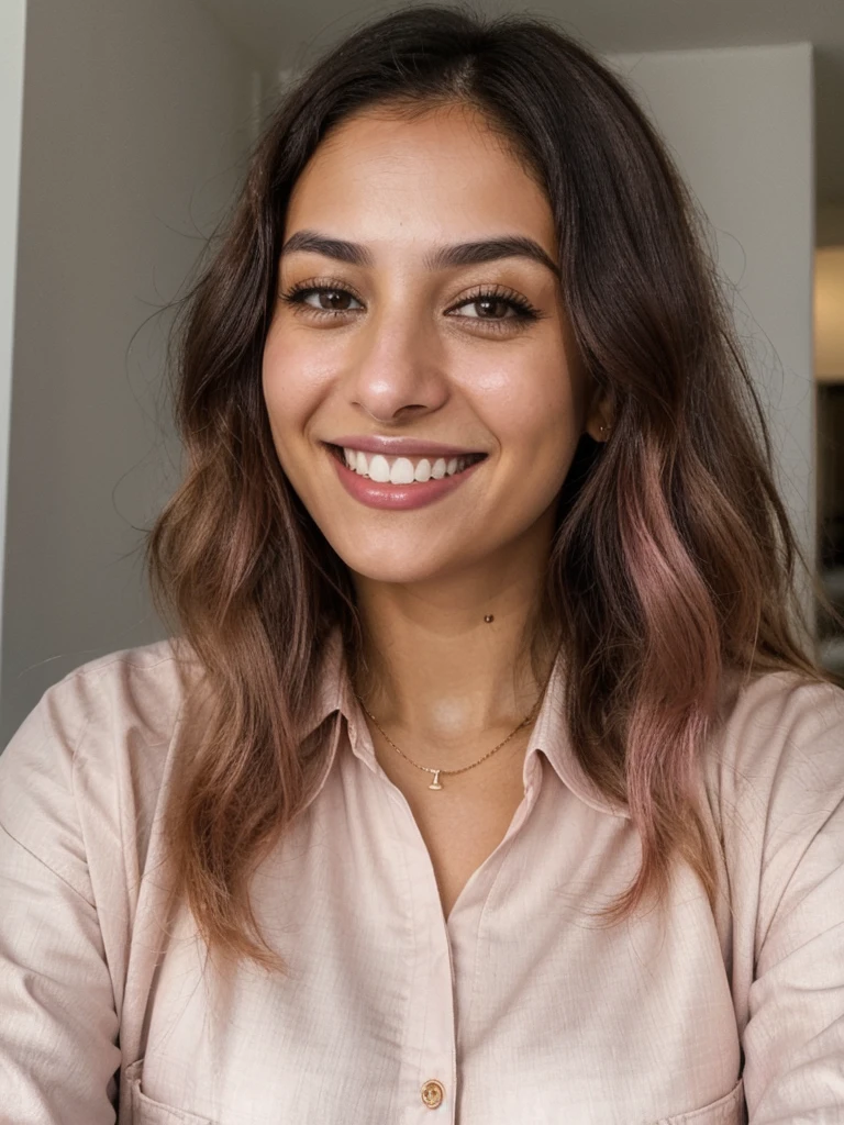 28YO, one women, cute smile, white teethes, Arab, from Jordan, long pink shirt, light brown eyes