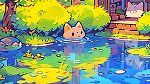 Cat looking at the pond,Legend of Zelda style, (Highest quality,4K,8k,High resolution,masterpiece:1.2),Super detailed,(Realist,photo Realist,photo Realist:1.37),Detailed eyes,Detailed lips, (a cat:0.1),(Highest quality,4K,8k,High resolution),Pixel art, pixel