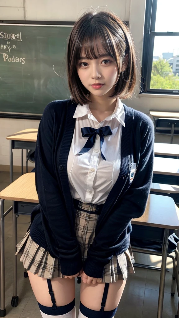 masterpiece, best quality, illustration, Super detailed, fine details, High resolution, 8K,wall paper, perfect dynamic composition,(Details High quality, realistic depiction of eyes:1.3), High School Classroom、High school girl uniform、Cardigan、Super Short Check Uniform Skirt、Navy blue high socks、garterbelts、Colossal tits、Disturbed uniform、short bob hair, black hair color, Big Natural Color Lip, bold sexy pose, (perfect body shape), crying a little、Harajuku style、20 year old girl、cute type, beautiful legs, hposing Gravure Idol, Voluptuous thighs