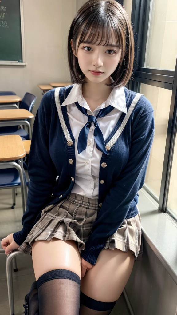 masterpiece, best quality, illustration, Super detailed, fine details, High resolution, 8K,wall paper, perfect dynamic composition,(Details High quality, realistic depiction of eyes:1.3), High School Classroom、High school girl uniform、Cardigan、Super Short Check Uniform Skirt、Navy blue high socks、garterbelts、Colossal tits、Disturbed uniform、short bob hair, black hair color, Big Natural Color Lip, bold sexy pose, (perfect body shape), crying a little、Harajuku style、20 year old girl、cute type, beautiful legs, hposing Gravure Idol, Voluptuous thighs