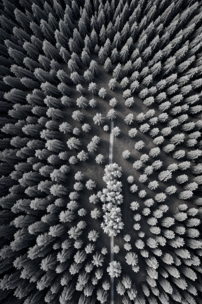 Crea un dibujo en blanco y negro, from a small hill of flowers, From an aerial perspective 