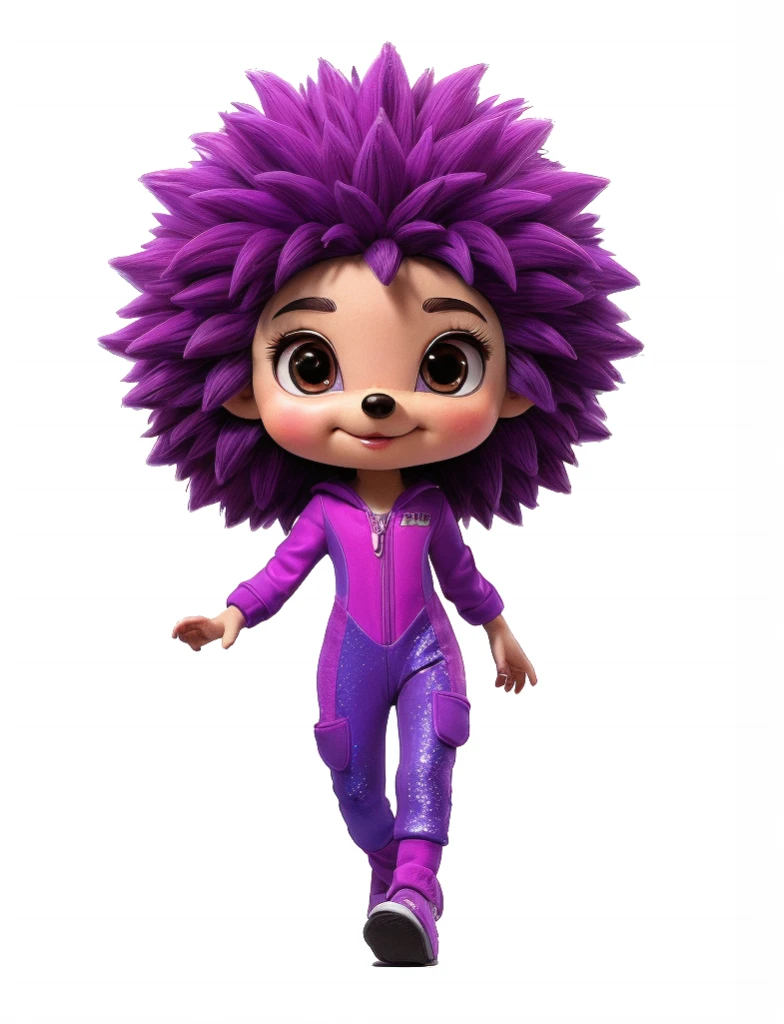 bright, flat and two-dimensional hand-drawn animation of small a hedgehog-girl with long, curly purple spikes and cute baby face.The style is flat and two-dimensional, with sharp boundaries between colours, without shadows or volume.