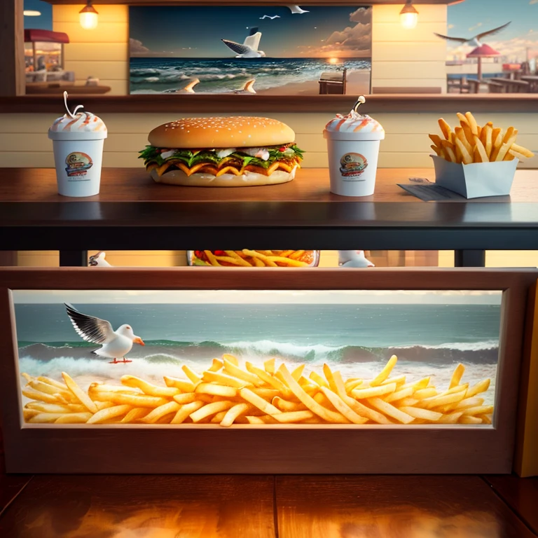 Craving the fries ((seagulls eating fries:1.1)), fast food restaurant, seaside burger shop, detailed realistic oil painting, beautifully detailed, photorealistic, 8k, masterpiece, highly detailed, vibrant colors, warm lighting, cozy atmosphere, beautiful landscape, dramatic sky, realistic textures, intricate details, cinematic composition,