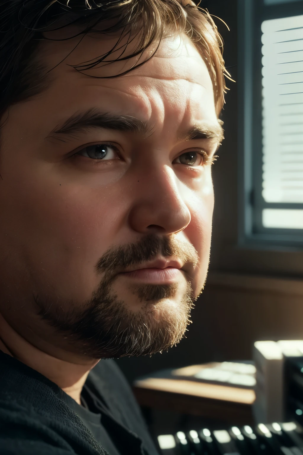 a chubby 40-year-old virgin male with a childish hairstyle, young-looking face, playing a synthesizer in his room, (best quality,4k,8k,highres,masterpiece:1.2),ultra-detailed,(realistic,photorealistic,photo-realistic:1.37),highly detailed face, extremely detailed facial features, beautiful detailed eyes, beautiful detailed lips, extremely detailed eyes and face, long eyelashes, middle-aged man, chubby physique, childish appearance, synthesizer, bedroom interior, indoors, moody lighting, warm color tones, melancholic atmosphere, cinematic lighting, dramatic shadows, concept art style