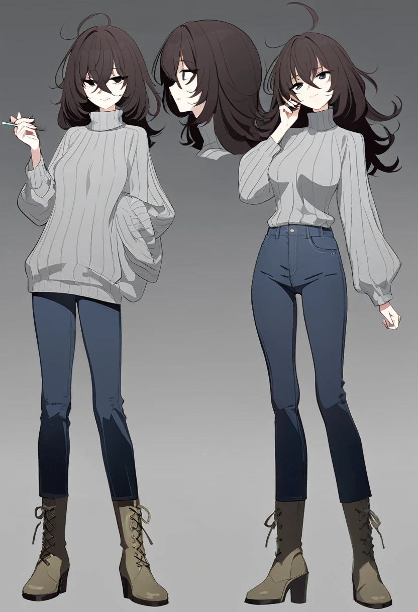 One Woman,Downer,older sister,Concept Art,Dark brown hair,Straight hair with slight inward curls,Staring eyes,Eye Ridge,black eye,Crossed bangs,whole body,smile,Slightly larger breasts,Gray background,Bangs that reach down to the eyes,Messy hair,Tight dark jeans,Gray turtleneck sweater,Multiple views of the same character,Character Design,Dark circles under the eyes,Bad look,Listless,Sloppy,Silver Jewelry,Cafe staff,Holding a cigarette,whole bodyCharacter Design,Detailed hands,Height: 170cm,boots,