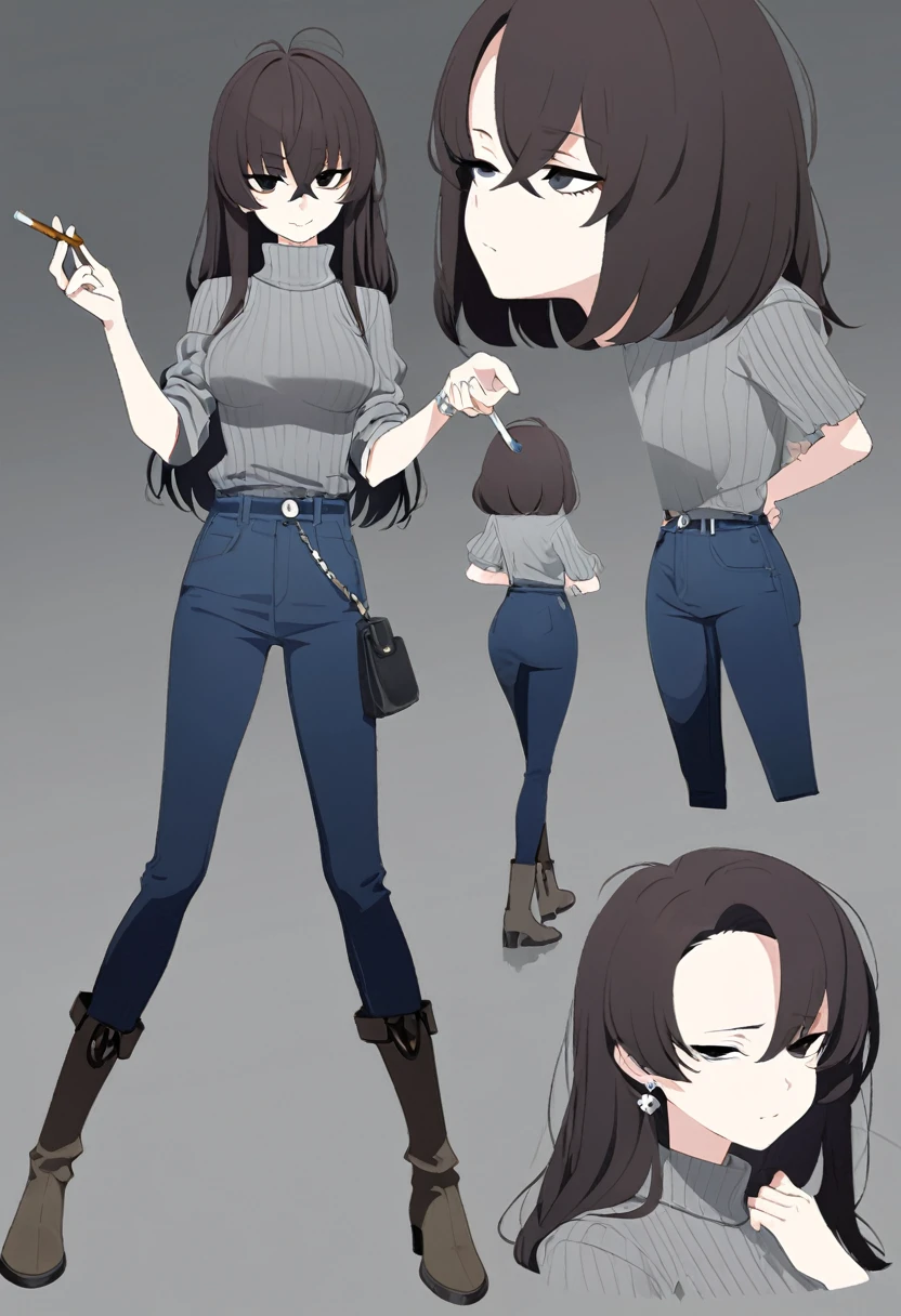 One Woman,Downer,older sister,Concept Art,Dark brown hair,Straight hair with slight inward curls,Staring eyes,Eye Ridge,black eye,Crossed bangs,whole body,smile,Slightly larger breasts,Gray background,Bangs that reach down to the eyes,Messy hair,Tight dark jeans,Gray turtleneck sweater,Multiple views of the same character,Character Design,Dark circles under the eyes,Bad look,Listless,Sloppy,Silver Jewelry,Cafe staff,Holding a cigarette,whole bodyCharacter Design,Detailed hands,Height: 170cm,boots,