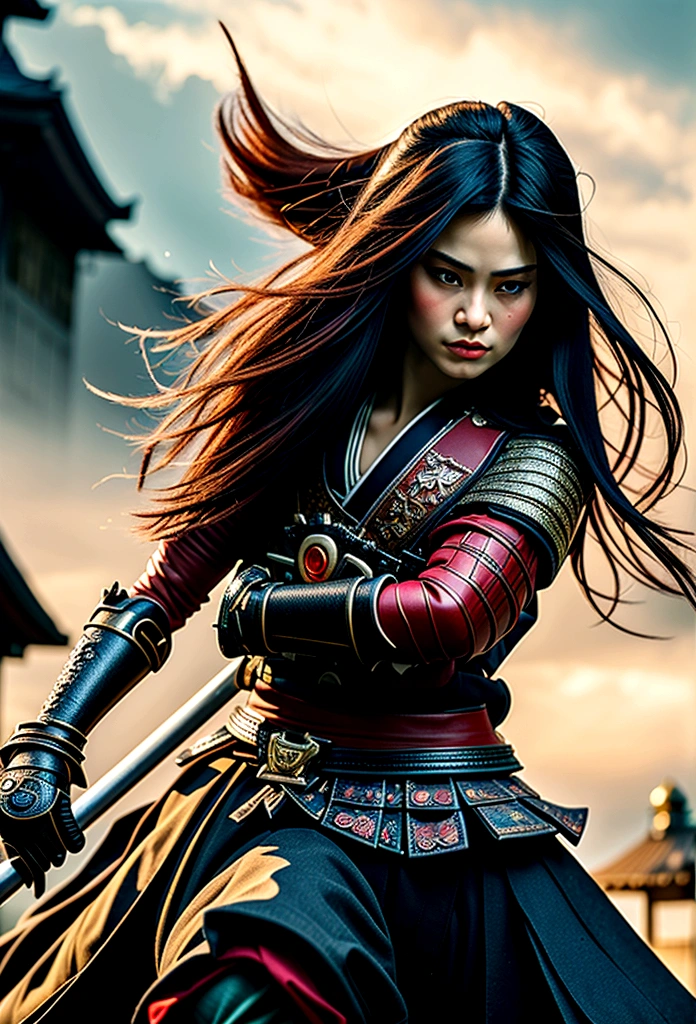 a picture of Japanese female samurai, she has long black hair, wearing samurai armor, armed with a katana, ready for battle, dynamic angle,, Japanese fantasy art, (Masterpiece: 1.5), 16k, highres, best quality, high details, ultra detailed, masterpiece, best quality, (extremely detailed), arafed, dnd art, , magical dagger