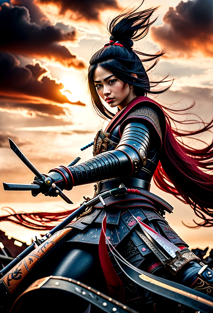 a picture of Japanese female samurai, she has long black hair, wearing samurai armor, armed with a katana, ready for battle, dynamic angle,, Japanese fantasy art, (Masterpiece: 1.5), 16k, highres, best quality, high details, ultra detailed, masterpiece, best quality, (extremely detailed), arafed, dnd art, , magical dagger