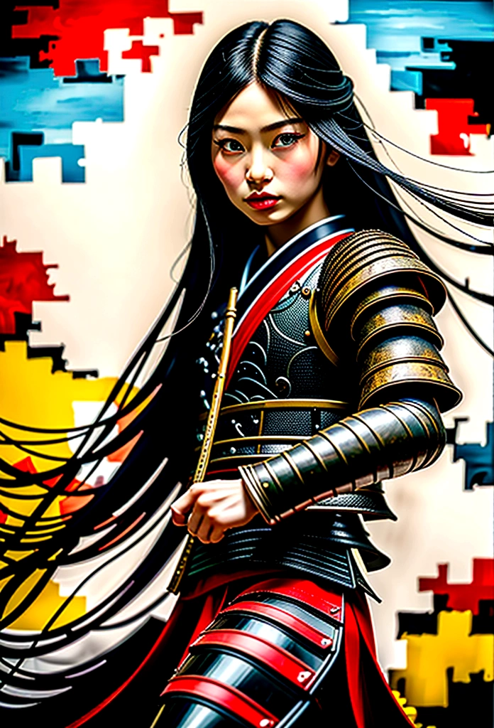 a picture of Japanese female samurai, she has long black hair, wearing samurai armor, armed with a katana, ready for battle, dynamic angle,, Japanese fantasy art, (Masterpiece: 1.5), 16k, highres, best quality, high details, ultra detailed, masterpiece, best quality, (extremely detailed), arafed, dnd art, , magical dagger