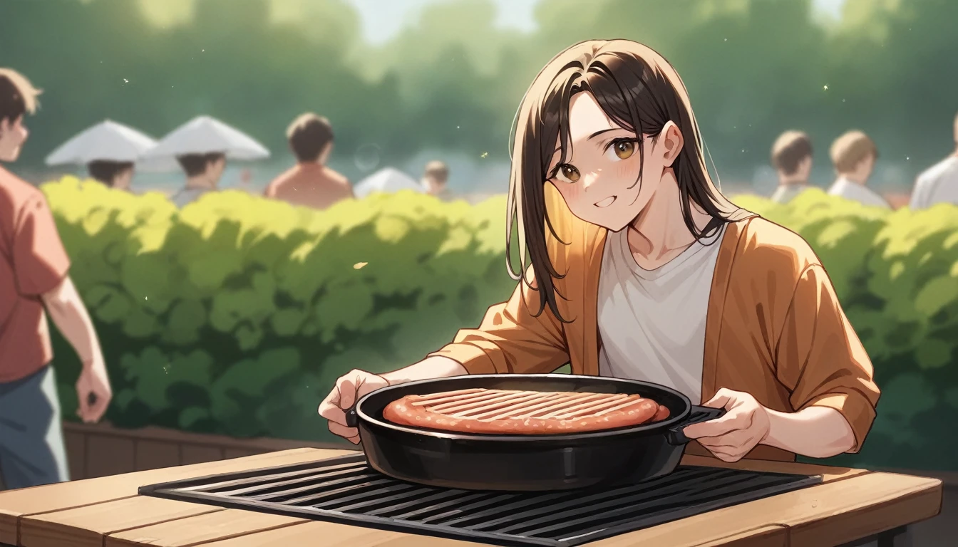 Realistic Summer time in backyard garden with grill BBQ, wooden table, blurred background