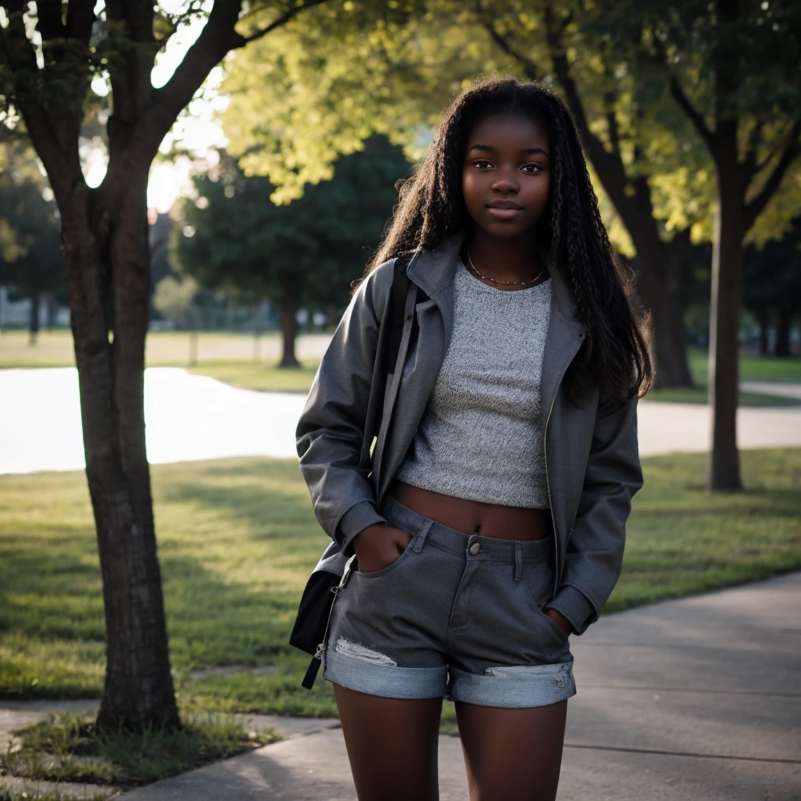 ebony girl, 18 yeards old, shorts, grey jacket, in a park, medium shot