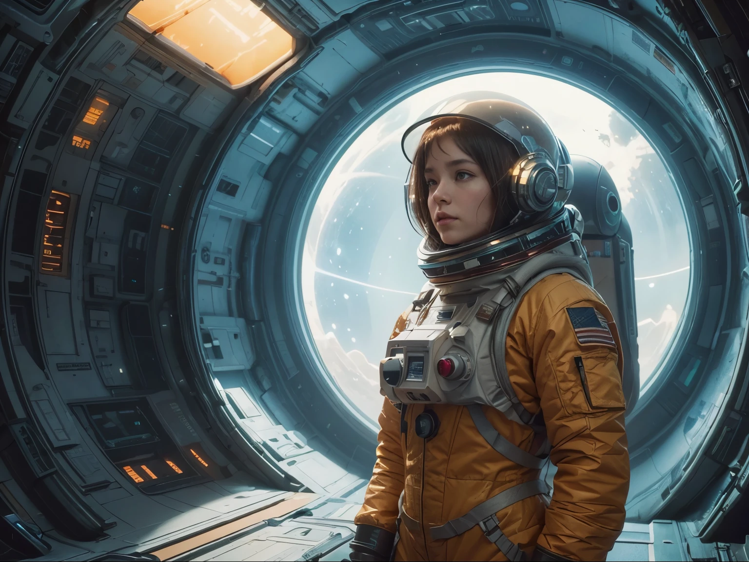 there is a woman in a space suit and goggles standing in front of a spaceship, sci-fi digital art illustration, greg beeple, sci-fi illustrations, sci - fi illustrations, sci-fi digital painting, moebius + loish + wlop, beautiful sci fi art, wojtek fus, detailed sci-fi art, sci-fi illustration