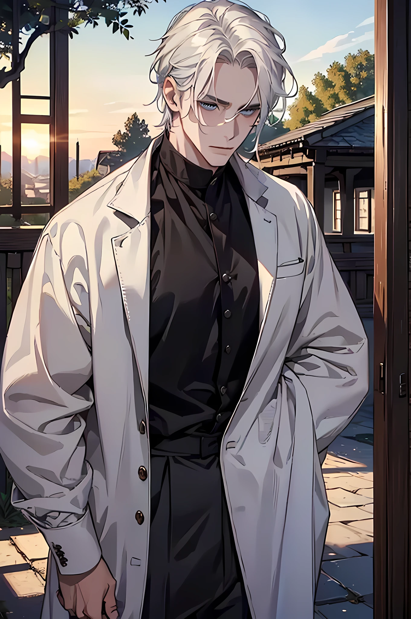 ((masterpiece:1.2, Best quality)), 4k, adult, European face, 1 person, male, mature, masculine, Beautiful, very tall, Muscles, broad shoulders, dark casual wear, White skin, medium white hair, Blue eyes, portrait, sunset, old house with apple trees. 
