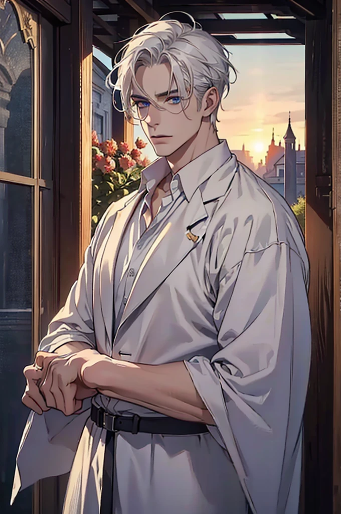 ((masterpiece:1.2, Best quality)), 4k, adult, European face, 1 person, male, mature, masculine, Beautiful, very tall, Muscles, broad shoulders, dark casual wear, White skin, medium white hair, Blue eyes, portrait, sunset, old house with apple trees. 
