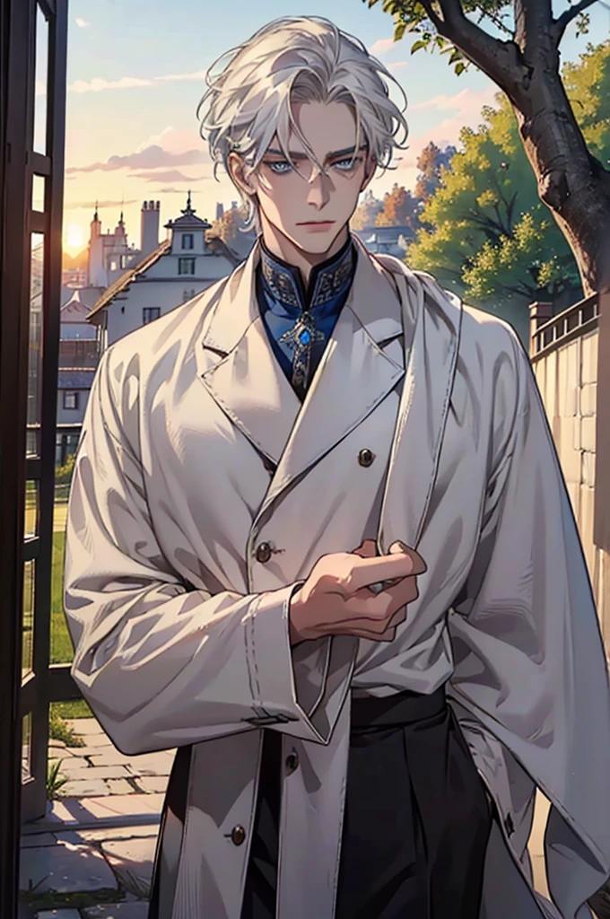 ((masterpiece:1.2, Best quality)), 4k, adult, European face, 1 person, male, mature, masculine, Beautiful, very tall, Muscles, broad shoulders, dark casual wear, White skin, medium white hair, Blue eyes, portrait, sunset, old house with apple trees.