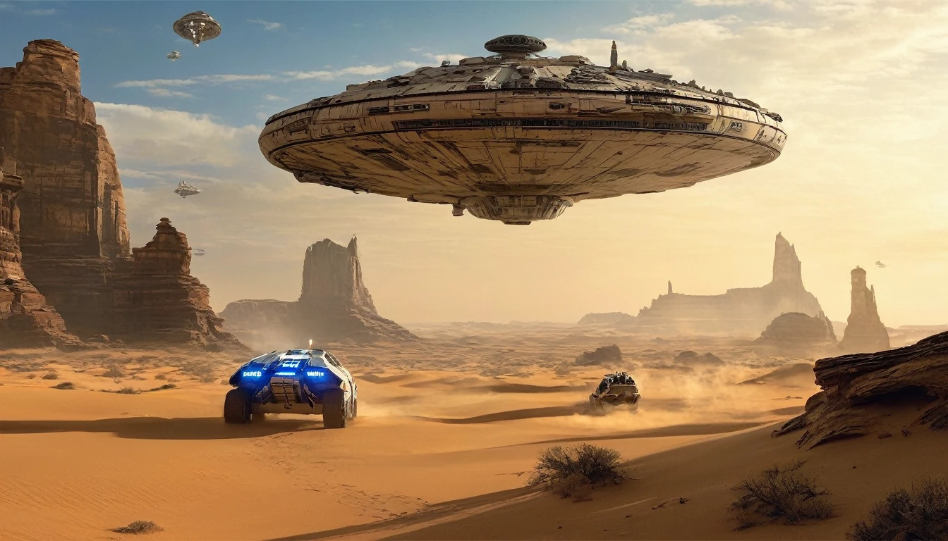 “In a desert landscape beneath a vast sky, towering rock formations rise. The iconic Star Wars Millennium Falcon flies overhead. In the foreground, a large, futuristic bus-like vehicle is parked on the sandy terrain. Saturn-like rings adorn the sky, adding a surreal touch. Include the ‘Star Wars,Camera angle: The camera is positioned at a slightly upward angle, capturing the grandeur of the rock formations and the vastness of the sky. Lighting: The sun is setting, creating warm, golden light that bathes the landscape. Shadows cast by the rocks are elongated. Millennium Falcon details: The Millennium Falcon is flying toward the horizon, with its rear thrusters emitting a characteristic blue glow. Details like laser cannons and the ship’s panels should be visible. Futuristic vehicle: The vehicle parked in the foreground has large windows and an aerodynamic design. It may have retractable wheels or float slightly above the ground. Saturn-like rings: The translucent rings resembling those of Saturn extend across the sky, creating a magical effect. Sand texture: The desert sand has a granulated texture, with small dunes formed by the wind.