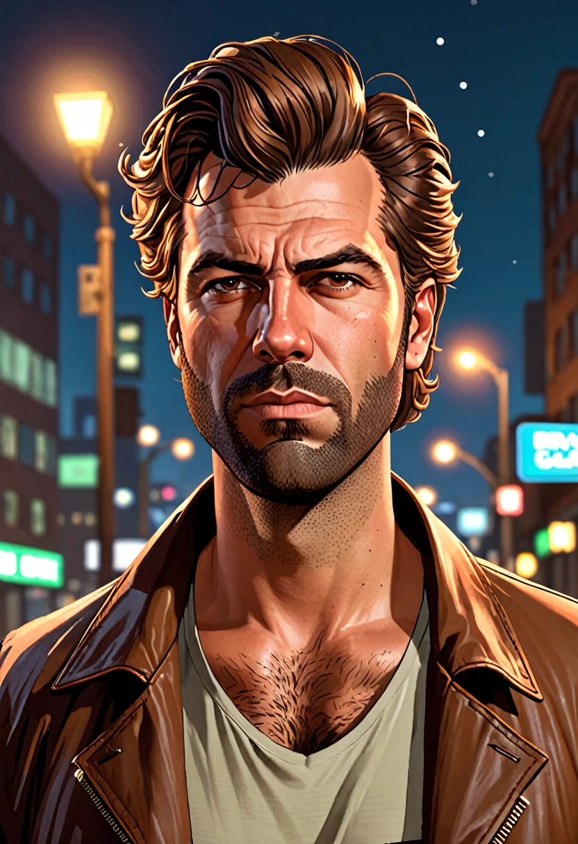 (estilo GTA:1.5)，Noite da cidade， No telhado，Brave and lonely 35 year old young man with messy brown pomp hair, com barba castanho bonita 