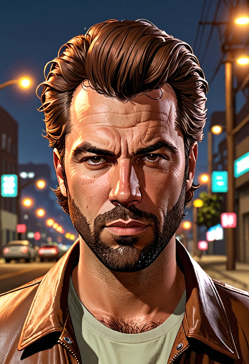 (estilo GTA:1.5),Noite da cidade, No telhado,Brave and lonely 35 year old young man with messy brown pomp hair, com barba castanho bonita