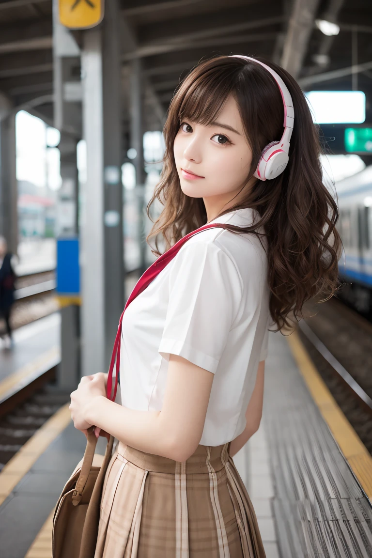 1 headphone cute girl, light brown long wavy curly hair, cute face, small round face, wearing a trend Japanese traditional sailor uniform, standing against the wall at train station, metropolis station, (pose with arms behind back:1.1), wind, waiting scene,