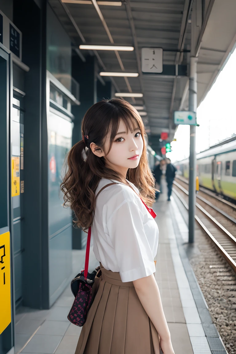 1 headphone cute girl, light brown long wavy curly hair, cute face, small round face, wearing a trend Japanese traditional sailor uniform, standing against the wall at train station, metropolis station, (pose with arms behind back:1.1), wind, waiting scene,