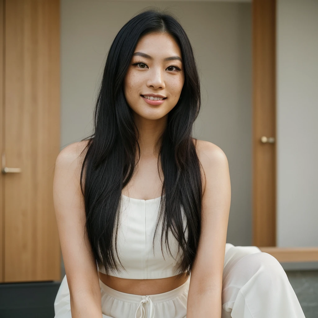 "A captivating and distinctive 25-year-old Asian-American woman looking straight ahead, with a blend of Asian and Western features. She has mesmerizing green eyes and a radiant smile that exudes confidence. Her long, slightly tousled black hair adds to her allure without being overly polished. She wears a fashionable and individualistic outfit that complements her style. The background is minimalist to emphasize her presence.",
"style": "realistic",
"lighting": "natural",
"emotions": "confidence, allure",
"additional details": "Subtle freckles, natural makeup with a hint of glamour, tasteful accessories. Consider a blend of Asian and Western facial features for a unique appearance."