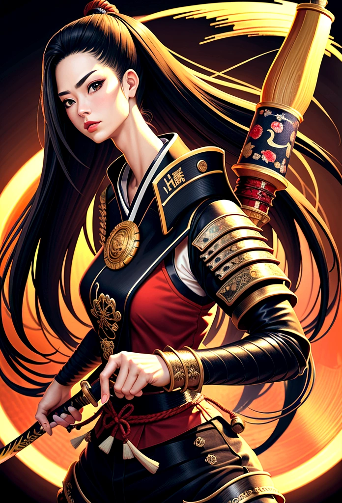 a picture of Japanese female samurai, she has long black hair, wearing samurai armor, armed with a katana, ready for battle, dynamic angle,, Japanese fantasy art, (Masterpiece: 1.5), 16k, highres, best quality, high details, ultra detailed, masterpiece, best quality, (extremely detailed), arafed, dnd art, , magical dagger