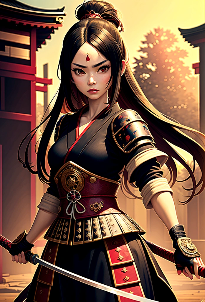 a picture of Japanese female samurai, she has long black hair, wearing samurai armor, armed with a katana, ready for battle, dynamic angle,, Japanese fantasy art, (Masterpiece: 1.5), 16k, highres, best quality, high details, ultra detailed, masterpiece, best quality, (extremely detailed), arafed, dnd art, , magical dagger