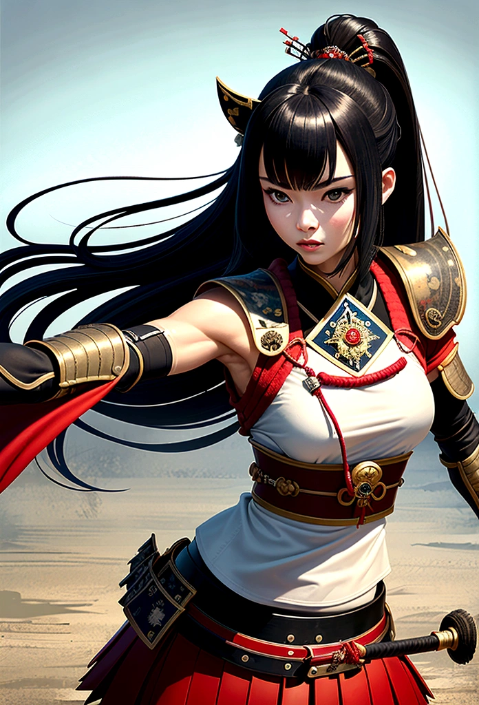 a picture of Japanese female samurai, she has long black hair, wearing samurai armor, armed with a katana, ready for battle, dynamic angle,, Japanese fantasy art, (Masterpiece: 1.5), 16k, highres, best quality, high details, ultra detailed, masterpiece, best quality, (extremely detailed), arafed, dnd art, , magical dagger