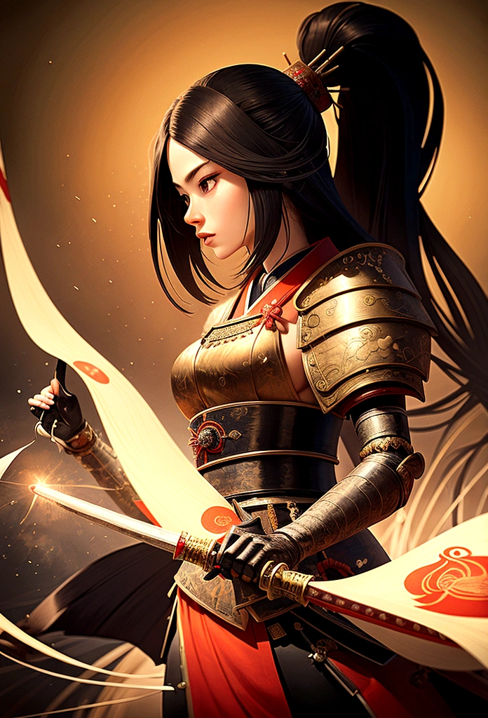 a picture of Japanese female samurai, she has long black hair, wearing samurai armor, armed with a katana, ready for battle, dynamic angle,, Japanese fantasy art, (Masterpiece: 1.5), 16k, highres, best quality, high details, ultra detailed, masterpiece, best quality, (extremely detailed), arafed, dnd art, , magical dagger