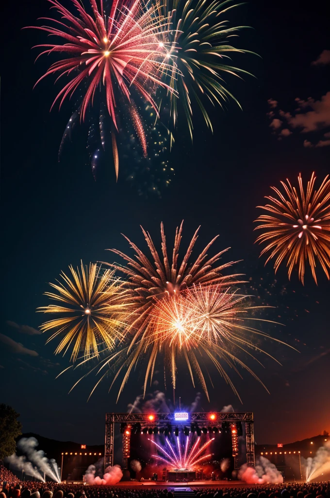 Create me a poster with large fireworks, many western stage lights, a stage, an eye catching poster with sunset effects
