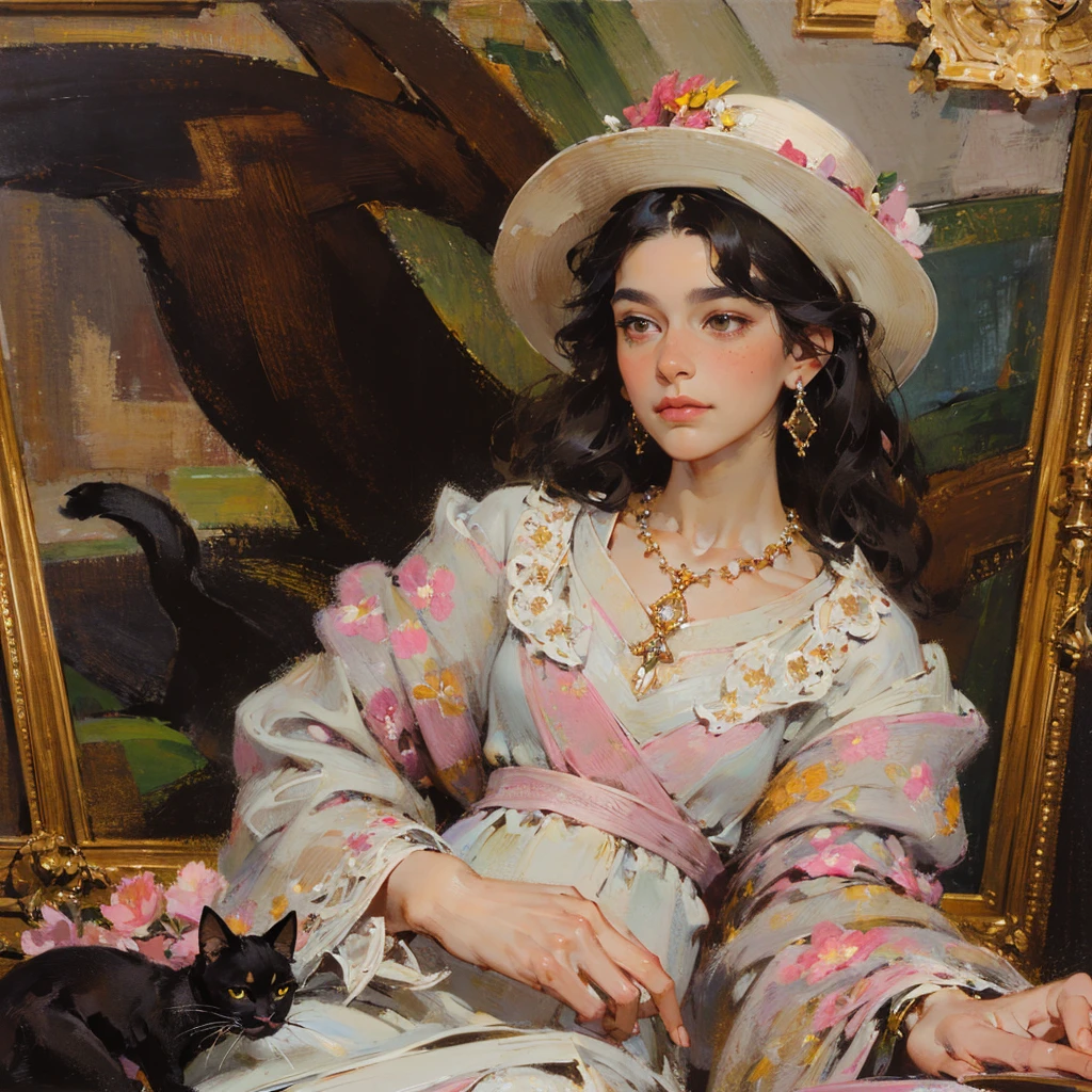 (Masterpiece, Best quality: 1.3), high resolution, official style, \(style\) 1820s, portrait position, beautiful portrait art, oil painting, (curly black hair, brown cat-shaped eyes), white skin with freckles, beautiful pink flower hat, beautiful period dress with flower embroidery and details , ((beautiful diamond necklace)), elegant bearing, beautiful landscape background of a tulip garden