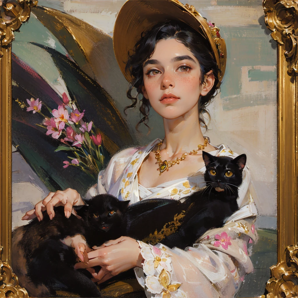 (Masterpiece, Best quality: 1.3), high resolution, official style, \(style\) 1820s, portrait position, beautiful portrait art, oil painting, (curly black hair, brown cat-shaped eyes), white skin with freckles, beautiful pink flower hat, beautiful period dress with flower embroidery and details , ((beautiful diamond necklace)), elegant bearing, beautiful landscape background of a tulip garden