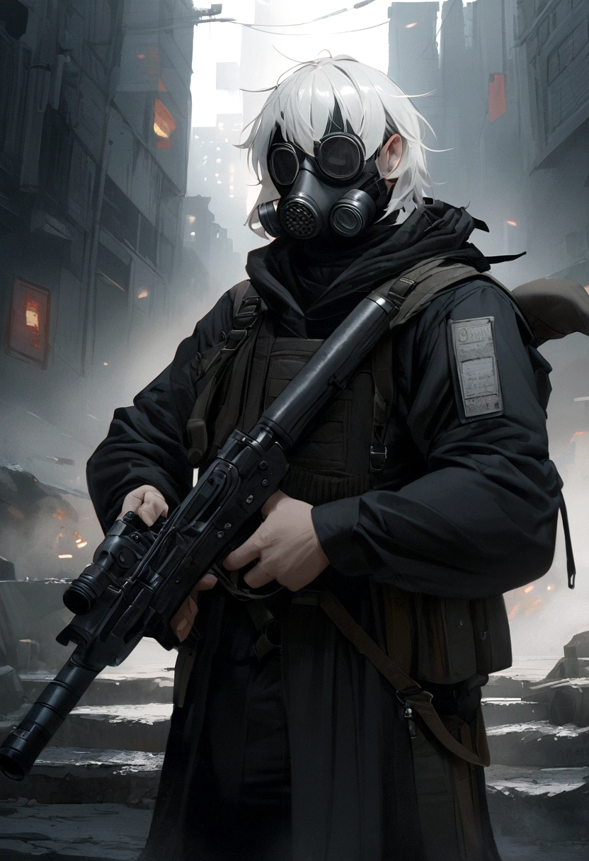 White-haired male wearing loose black clothes wearing a gas mask and holding a gun 