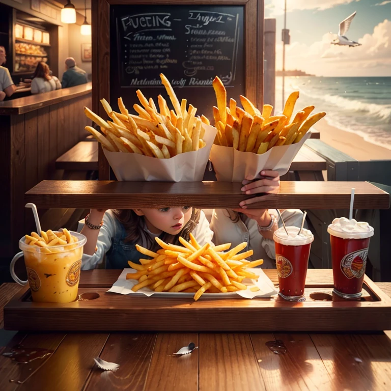 Craving the fries ((seagulls eating fries:1.1)), fast food restaurant, seaside burger shop, detailed realistic oil painting, beautifully detailed, photorealistic, 8k, masterpiece, highly detailed, vibrant colors, warm lighting, cozy atmosphere, beautiful landscape, dramatic sky, realistic textures, intricate details, cinematic composition,
