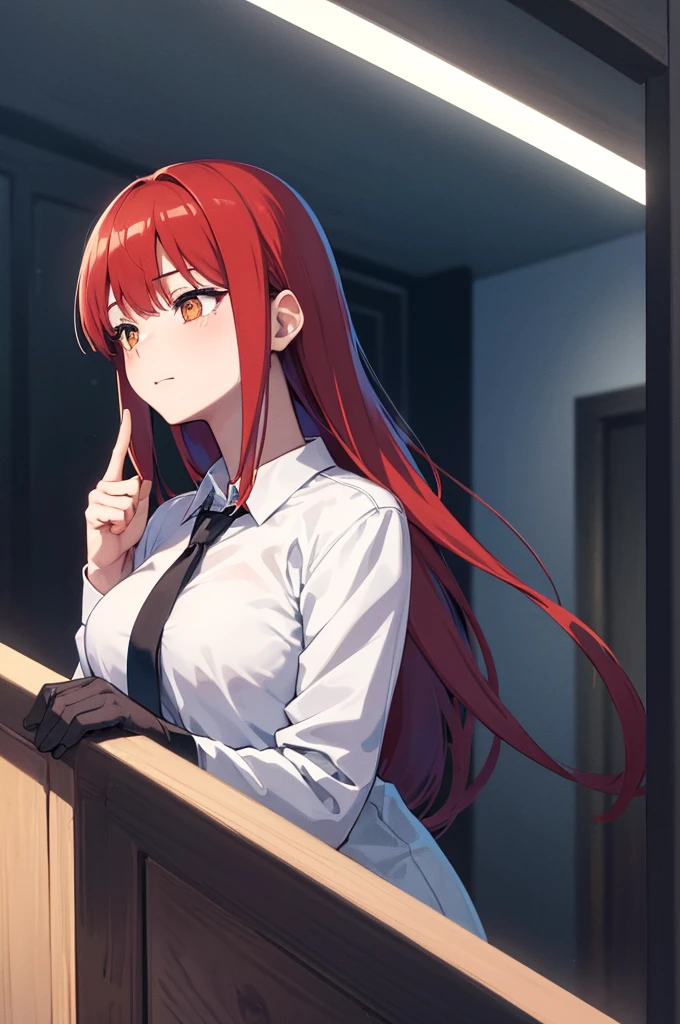 masterpiece, best quality, crossed fingers, (extremely detailed CG unity 8k wallpaper, masterpiece, best quality, ultra-detailed, best shadow), (detailed background), (beautiful detailed face, beautiful detailed eyes), High contrast,1girl, close up of a woman, anime girl with red hair and a white shirt and tie, pixiv, female anime character, detailed portrait of anime girl, anime character, realistic anime artstyle, anime girl portrait, crossed fingers, upper body, office suite, cry