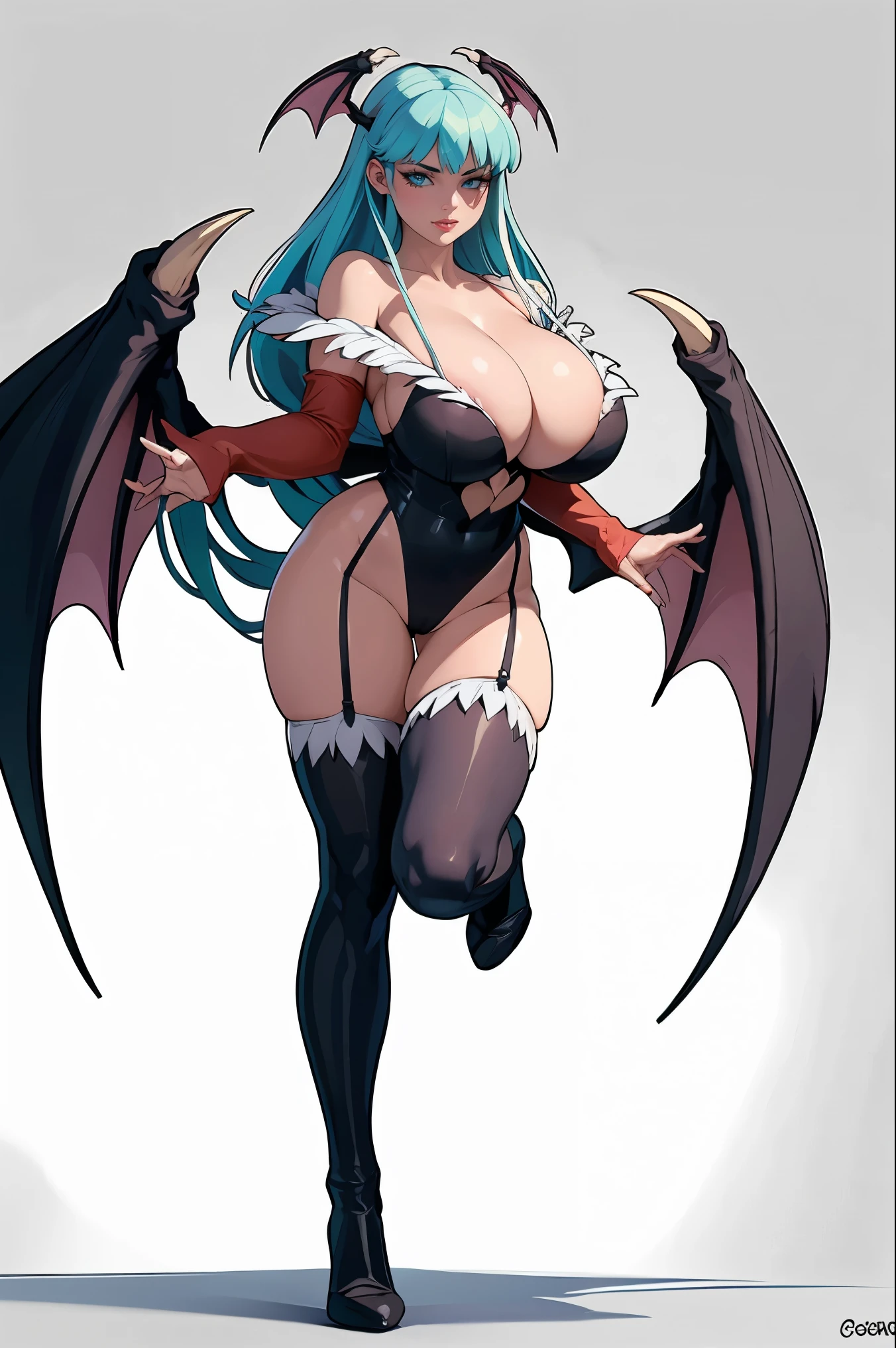 (best quality). (Ultra Detalhado). (1girl), Olhando para o Viewer. (Antecedentes detalhados). Morrigan Aensland. (high saturation), seios grandes, droopy breasts, sexy lingerie, full body, long legs, (((gigantic breasts))),