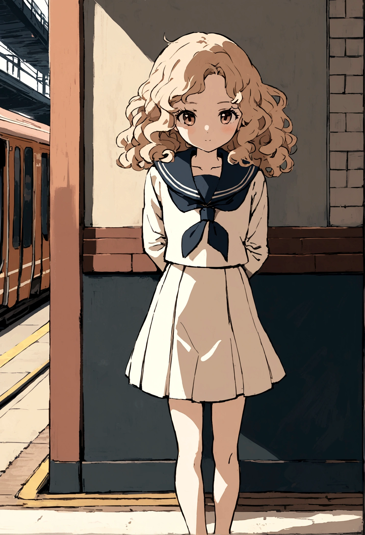 1 headphone cute girl, light brown long wavy curly hair, cute face, small round face, wearing a trend Japanese traditional sailor uniform, standing against the wall at train station, metropolis station, (pose with arms behind back:1.1), wind, waiting scene,