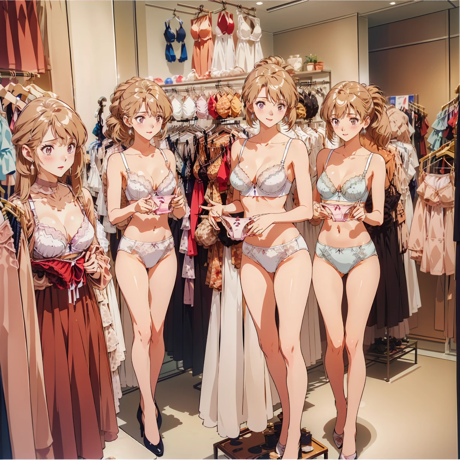 masterpiece, top quality, ultra detailed, ((((AIKA_SUMERAGI, folded ponytail, best anatomy, in underwear, (panties, elaborately designed luxury panties for adults, panties high definition images, draw panties with super precision), lace trimmed bra, extremely detailed texture, earrings, red lip, embarrassed, blush, smile)))), cowboy shot, (((underwear in dressing room))), white skin, (presenting panties)