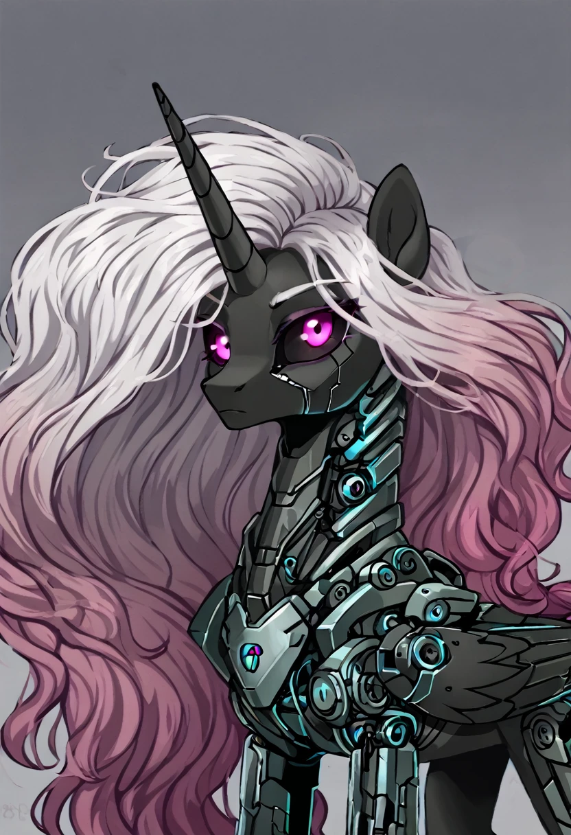 Alicorn , white mane,light blue cybernetic eyes, cybernetic body,black sclera ,black body color long flowing mane ,pony pink eyes