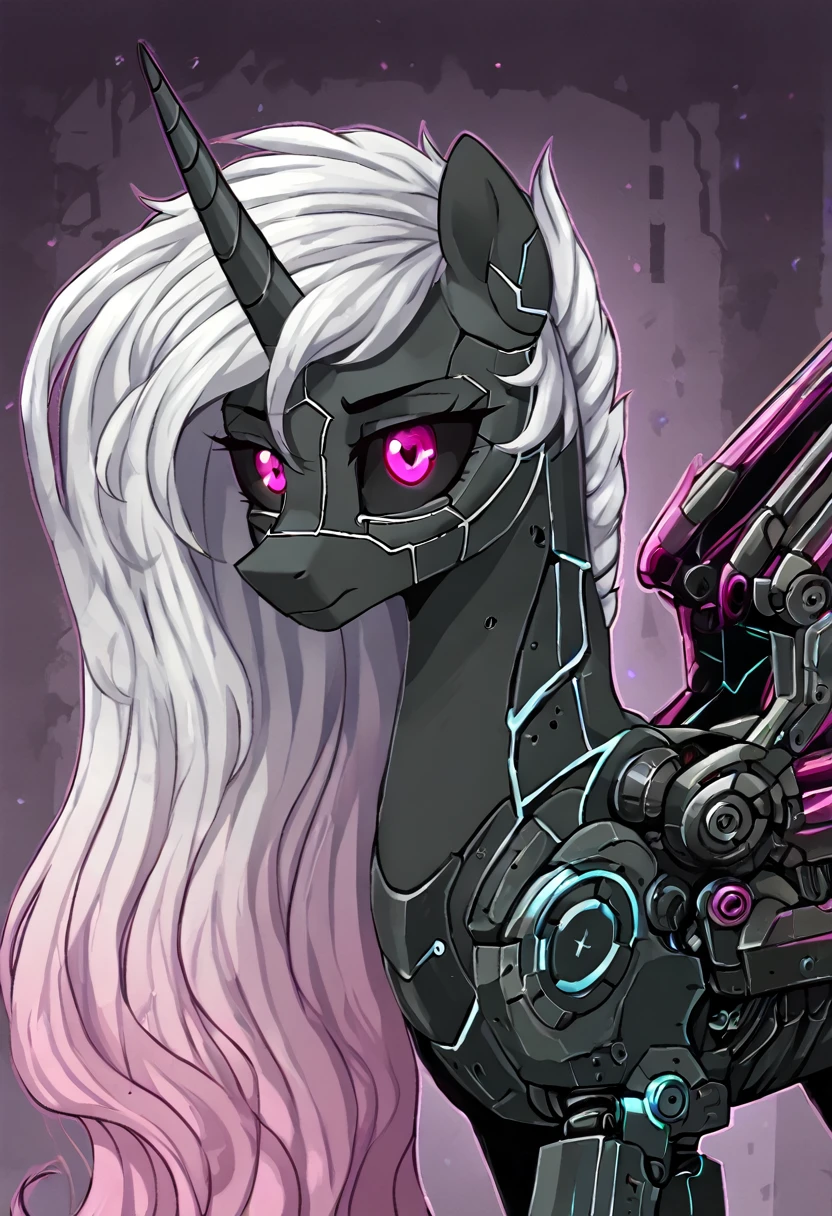 Alicorn , white mane,light blue cybernetic eyes, cybernetic body,black sclera ,black body color long flowing mane ,pony pink eyes